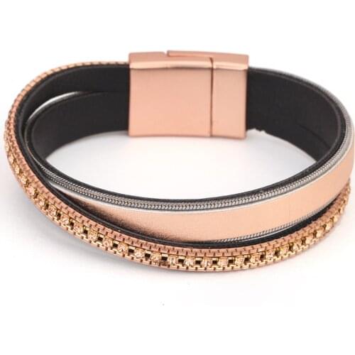 Women Bohemian Bracelet Women PU Leather Rhinestone Handmade Magnetic Clasp Bracelet 2019 Fashion Jewelry