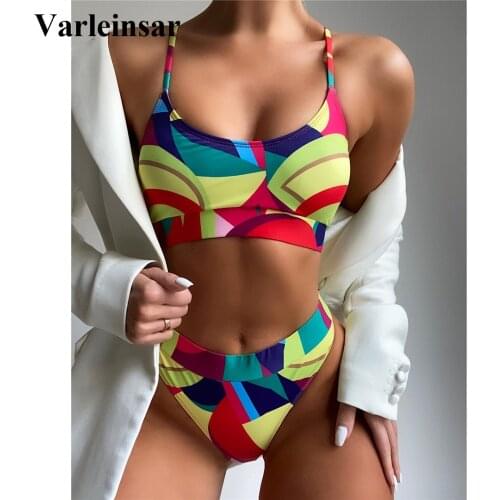 New Sexy Colorful Printed High Waist Bikini Female Swimsuit Women Swimwear Two-pieces Bikini set Bather Bathing Suit Swim V3148