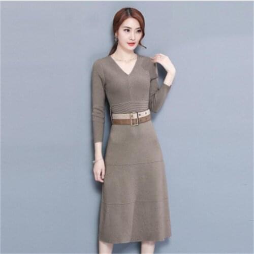 Temperament knit Women dress Autumn New womens V-neck long sleeve Slim waist slim dress Women