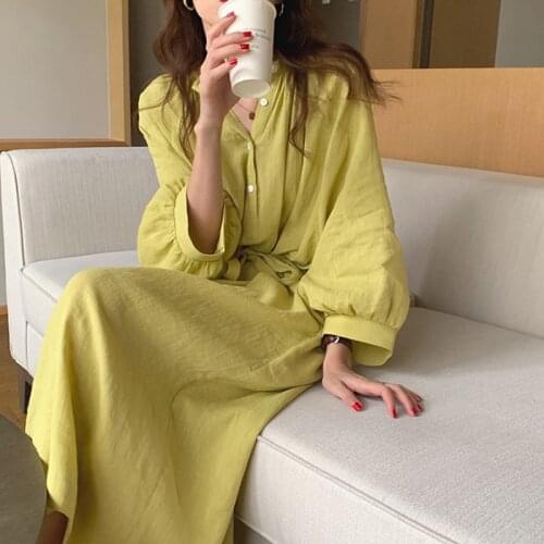 Johnature Korean New Women Clothing Dress 2021 Autumn New Solid Color Bandage Loose Button Full Sleeve Female Dresses
