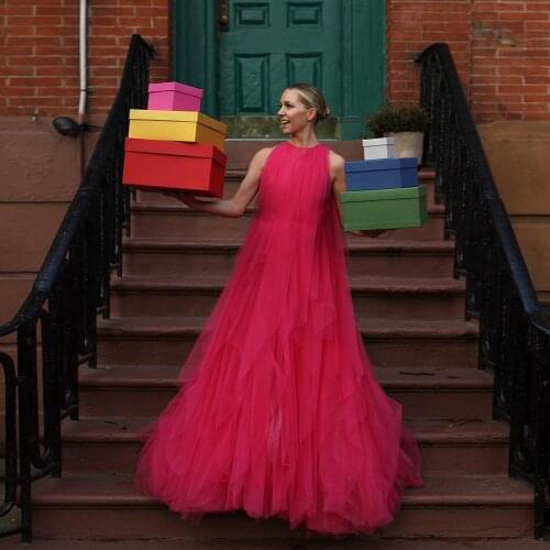 Fashion Generous A-Line Draped Ruffle Long Dresses For Women Design Elegant Floor Length Sleeveless Prom Tulle Dress robe Kleid