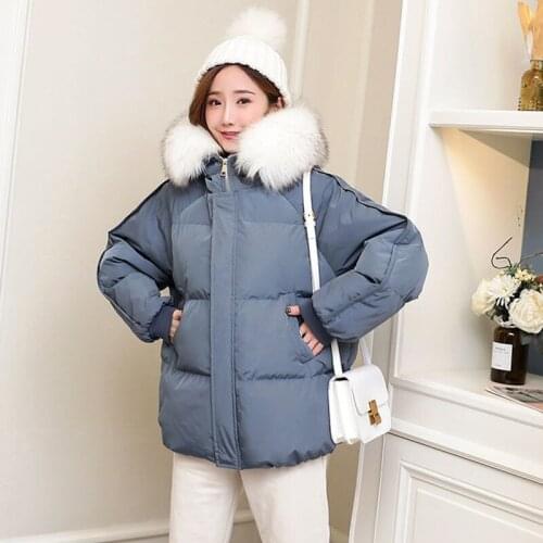 2021 Korean Thicken Hooded Loose Rabbit Faux Fur Collar Short Cotton Coat New Solid Zipper Buckle Coat Women Warm Oversized Coat