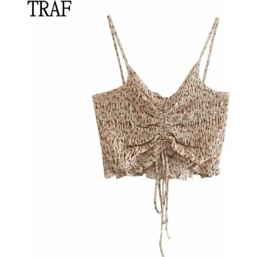 TRAF Blouses Za 2021 Floral Print Sexy Ruched Crop Top Women Summer Blouses And Shirts Tight Backless Chic Female Vintage Shirt