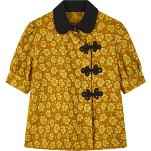 Design Chinese floral disc button shirt short-sleeved loose doll collar shirt puff sleeve womens long sleeve chiffon tops