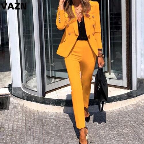 VAZN Autunm 2020 Business Office Lady Turn-down Collar Sets Long Sleeve Long Pant 2 Peice Sets Single-breasted Slim Women Sets