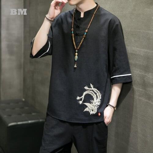 Summer Chinese Style Phoenix Embroidery Short Sleeve Plus Size Casual T Shirt Ethnic Style Oversized Buckle Top Men Clothing