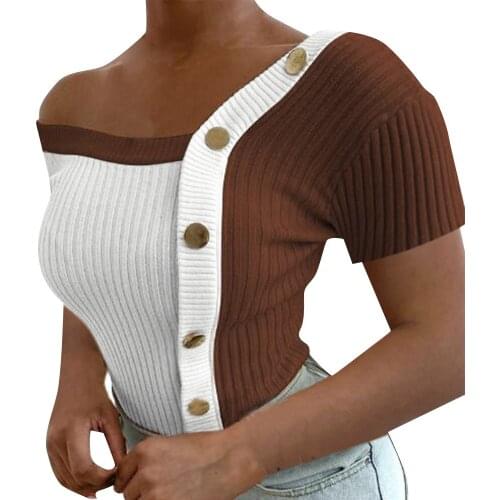 Sexy Summer T-Shirts Women Elegant Color Matchcing Single-Breasted Decor Irregular Collar Short Sleeve Slim Pullover Tops Female