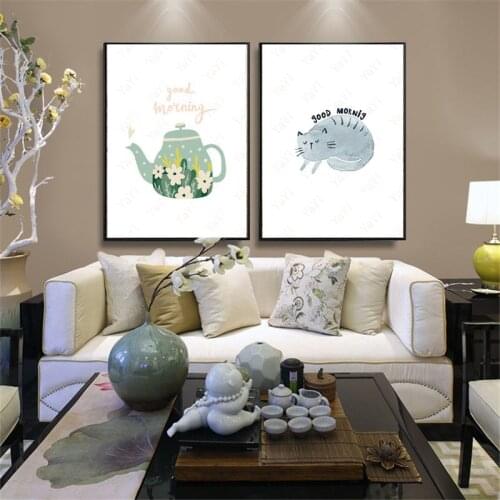 HAOCHU House Office Bedroom DIY Painting Morning Cat Teapot Background Wall Art Poster Print Canvas Sitting Room Corridor Decor