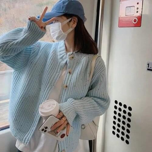 Blue Sweater Coat Women Autumn Winter New Single Breasted Loose Elegant Knitted Cardigan Fancy Yarn Long Sleeve Outwear P-82