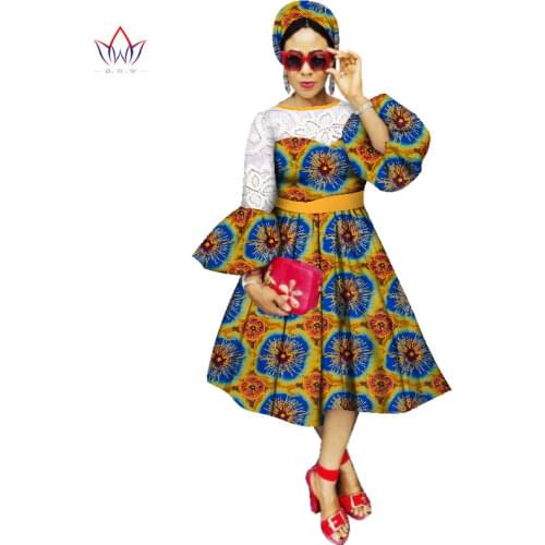 African Dresses for women A-line Ruffle Sleeve Women Dress Ankara Fabric Sexy Dress and Free Head Scarf 2 Pieces Clothing WY2551