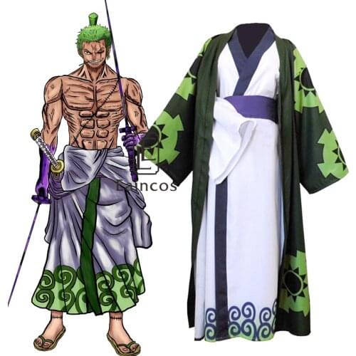 Anime One Piece Roronoa Zoro Wano Country Cosplay Costume Full Suit Kimono Robe Halloween Party Costumes
