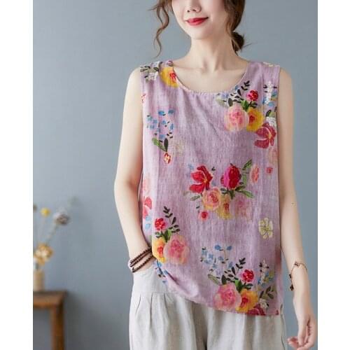Women Cotton Linen Tank Tops Casual Clothes 2021 New Sumemr Vintage Floral Print Loose Comfortable Vest Tops Sleeveless Shirts