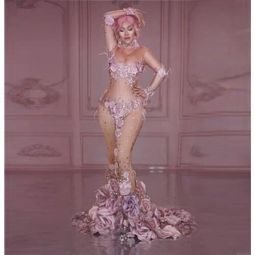 Fashion Sparkly Rhinestones Pink Print Nude Dress Sexy Full Crystal Long Big Tail Dress Costume Prom Birthday Celebrate Dresses