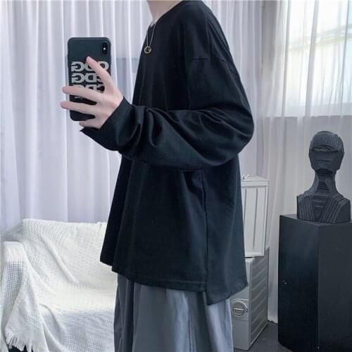 Oversized Men T Shirt Autumn Long Sleeve O Neck Solid Harajuku Korean Fashion Simple Loose Cotton Clothing Vintage Split Tops