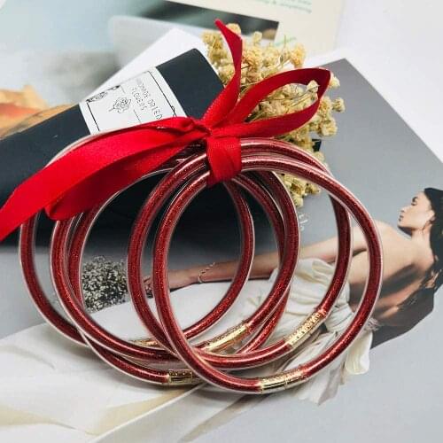 Red Glitter Jelly Bangle Bracelet Set - Gold Powder Lining Fashion Jewelry - Lightweight Cute Bracelets for Women Girl