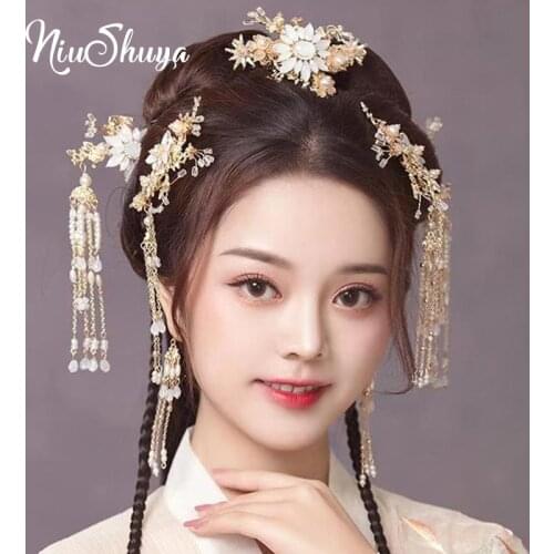 NiuShuya Retro Chinese Headdress Tranditional Wedding Headpiece Hairpins Set Brides Costoume Hair Accessories Floral Hair Jewelr