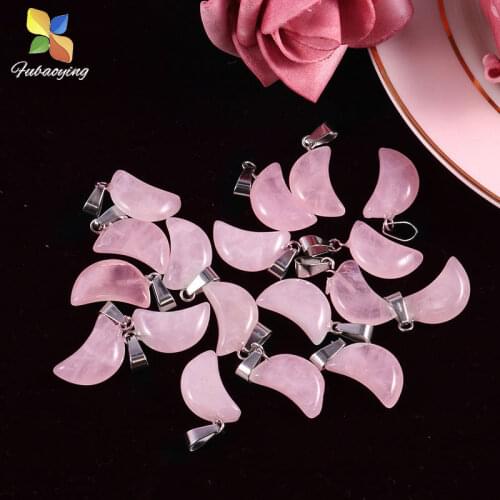 New Jewerly 2021 Pendant Necklace 30pcs Natural Pink Quartz Moon Chaems Peace For Women Gift Making