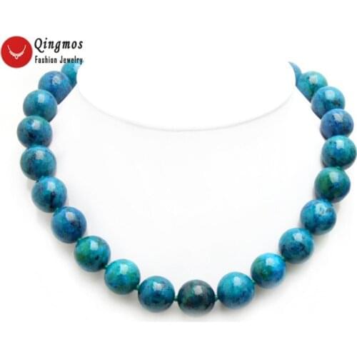 Qingmos Trendy Natural Chrysocolla Stone Necklace for Women with 16mm Round Green Chrysocolla Chokers Necklace Jewelry 17" n6479