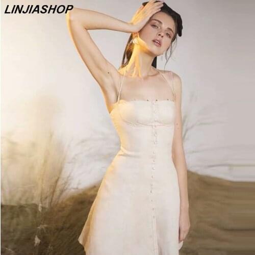 Elegant french lady dress cotton linen beige A line sleeveless high waist backless lining short party dress blogger style