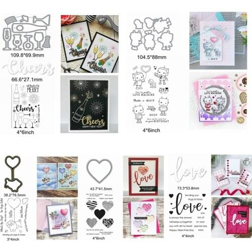 Robot Wine Glass Heart Love Sentence Dog Balloon Cheers Letter Metal Cutting Dies Match Combine Clear Silicone Stamps Make Cards