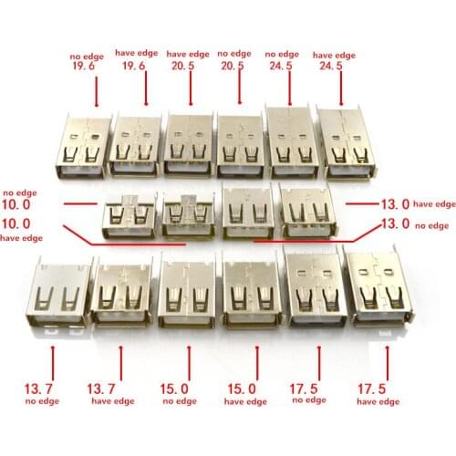 20PCS USB Type AF Female Socket 180 Degree Vertical 4Pin 10.0/13.0/13.7/15.0/17.5/19.6/20.5MM Interface