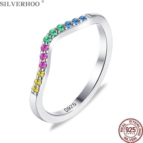 SILVERHOO Genuine 925 Sterling Silver Rainbow Wave Finger Rings For Women Colorful CZ Engagement Wedding Ring Statement Jewelry