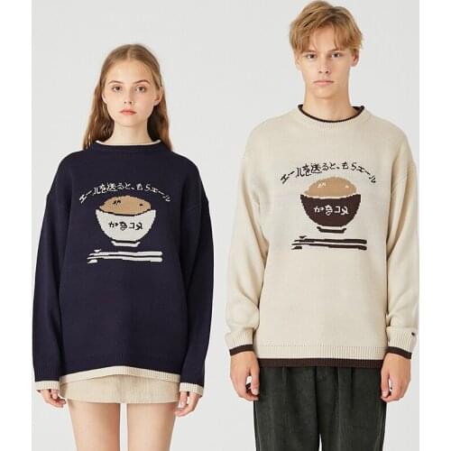 Cartoon Pattern Sweater Women Pullover Japanese Khaki and Blue Female Harajuku Clothing Girls Knitted couple Jumper Streetwear