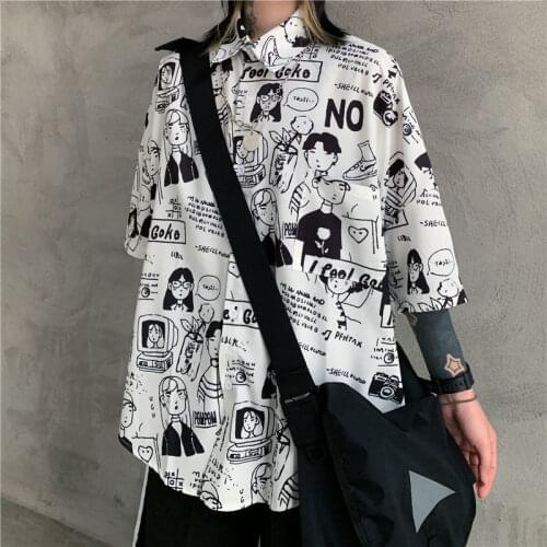 HOUZHOU Vintage Shirts Women Anime Harajuku Print Summer 2021 Fsahion Button Up Cardigan White Short Sleeve Oversize Blouses