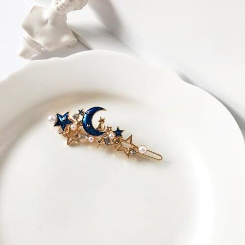 Creative fantasy starry sky moon star cat enamel hairpin for women temperament girl pearl hair accessories
