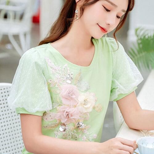 Green Loose Mesh Lantern Short-sleeved T-shirt Women 2021 Summer New Fresh and Sweet Large Size Women Fashion Tops Ladies Top