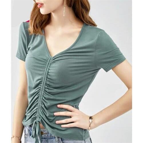 Drawstring Tie WomenShirt Summer short Sleeve V-Neck Slim Shirt 2020 Casual Tops Female Clothing Plus Size M-7XL 11 Colors