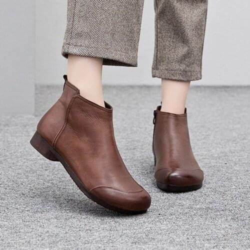 Vintage Style Leather Women Boots Flat Booties Soft Cowhide Womens Shoes Front Zip Ankle Boots zapatos mujer boots women56gh