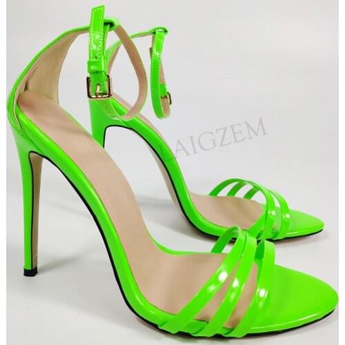 BERZIMER Women Sandals Open Toe Green Yellow Stiletto Heels Ankle Strap Pumps Prom Cosplay Shoes Woman Large Size 39 45 47 52