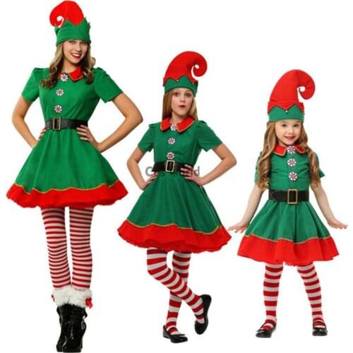 Women Girl Children Kids Christmas Costumes Suit Xmas Gift Elf Fancy Dress Uniform Parent-child Outfit Cosplay Costumes