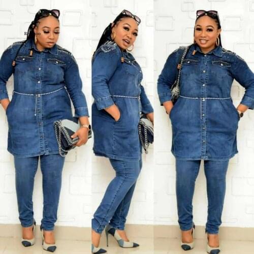 Women Plus Size Office Jean Blue Two Piece Set Bandage Club Birthday 2 Piece Set Full Sleeve Top Full Pant Sets