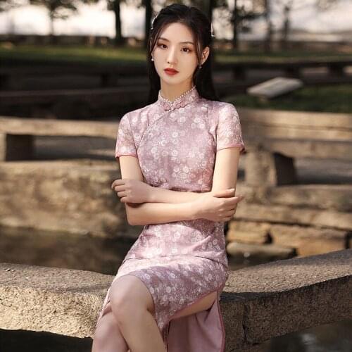 2021 Vintage Women Cheongsam Mandarin Collar Flower Dancing Robe Gown Chinese Style Ladies Qipao Vestidos Sexy Lace Slim Dress