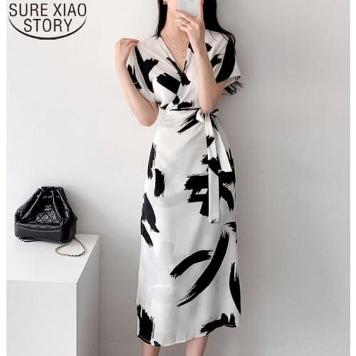 2021 Summer Korean Chic Ink Painting Print Dress Vintage Long Dress Women Lace-up Midi Party Dresses Short Sleeve V-neck 14618