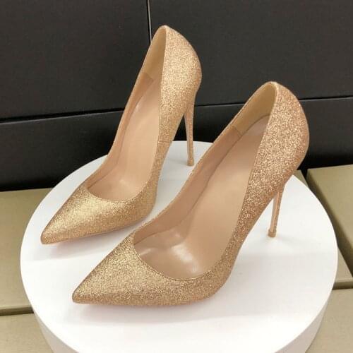 Gold glitter shallow pumps ladies 12cm high heels fashion pointed toe womens shoes party shoes Bling women pumps LF018 CHENSIR9