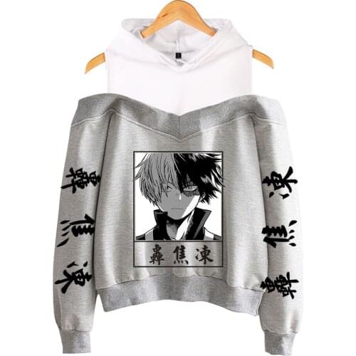 2021 Anime My Hero Academia Hoodies Female Off Shoulder Sweatshirt Womens Pullover Harajuku Streetwear Shoto Todoroki Clothes
