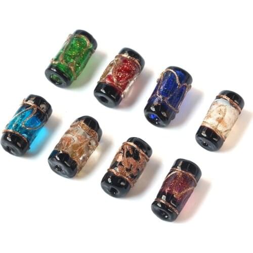 5pcs/lot 10x17mm Lamp Work Gold Sand Glass Tube Beads with 2mm Inner Hole for European Bracelets Necklace Charm Beads Findings