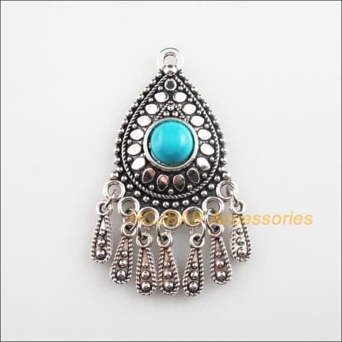 4Pcs Retro Tibetan Silver Tone Teardrop Tassels Stone Charms Pendants 26x49mm