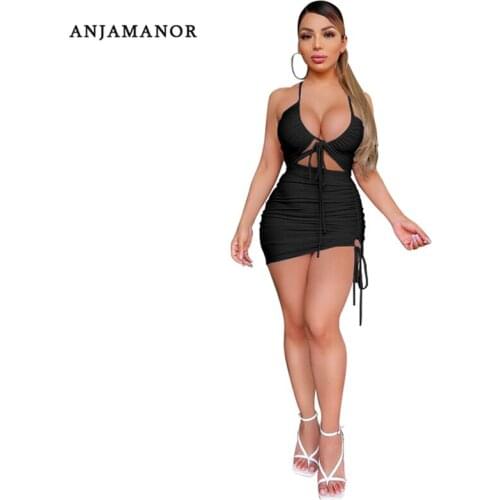 ANJAMANOR Sexy Cut Out Halter Backless Bodycon Dress Sets Clubwear Two Piece Set Women Skirt Crop Top Wholesale Items D36-CZ16