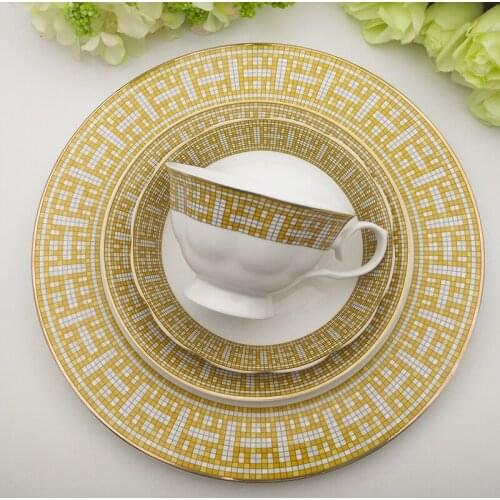 European Style Steak Plate Gold And Diamond Series Mosaic Western Dish Bone China Plate Tea Cup And Saucer 1pcs
