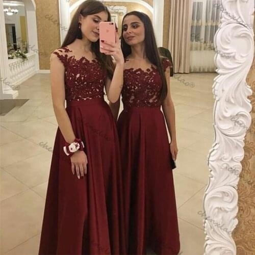 Formal Occsion Burgundy Cheap Bridesmaid Dresses Short Sleeve O Neck Appliques Prom Gowns Vestido De Fiesta Robe De Soiree