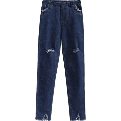 High waist Women Hole Jeans Spring Autumn 2021 New Fashion Casual Stretch Ankle -length Pants Plus size Female Loose Denim Pants