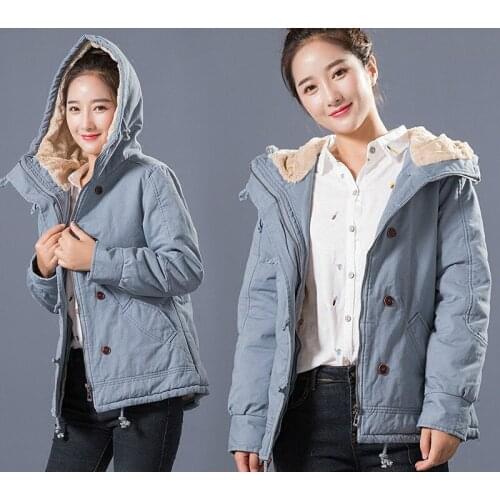 Hooded Jacket Cute Loose Thick Women Short Winter Long Sleeve Coat Plus Size Windbreaker Girls Blue Parkas Warm Fluffy Jackets