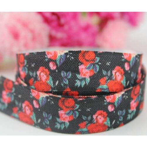 5/8'' 16mm flowers printed elastic ribbon foe ribbon DIY handmade stretch black ribbon band 50 yards can custom