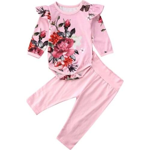 Fashion Infant Baby Girl Kid Clothes Flower Long Sleeves Romper Top+Solid Long Pants 2PCS Outfit Sets
