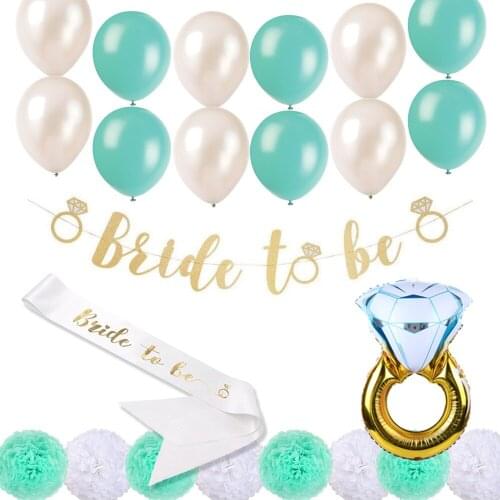 Wedding Decoration Set "bride to be" Banner,"bride to be" Sash,Diamond Foil Balloon,Mint and White Balloons,Paper pom poms Kit