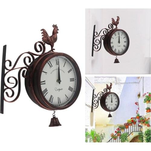 Garden Wall Clock Station Clock Round Antique Swivel 360° Rotation Porch Rooster Statue